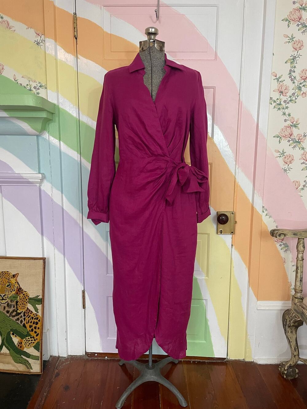 Magaschoni Linen Wrap Midi Dress Size 6 Magenta Fuchsia Long Sleeve